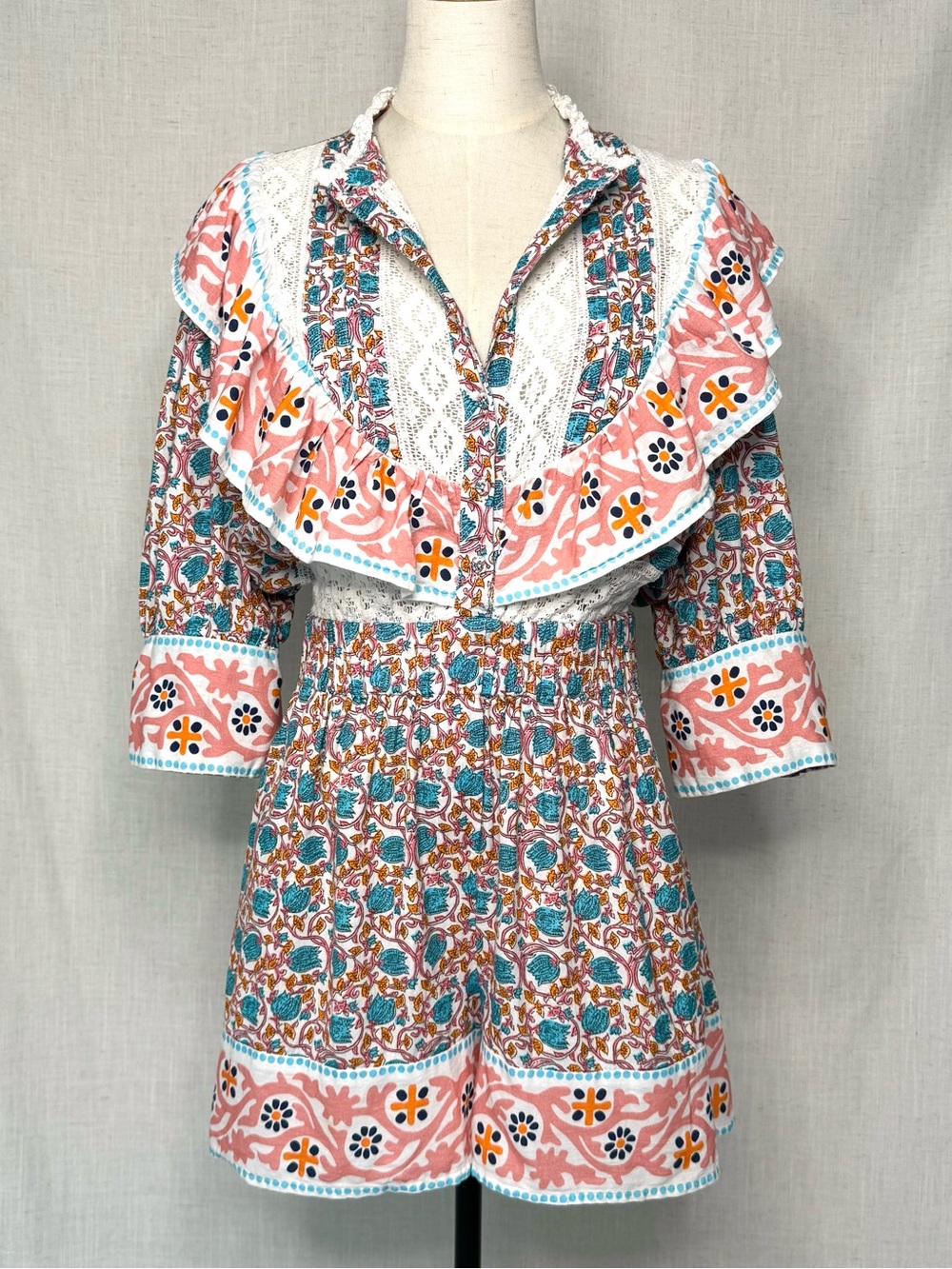 Place Nationale Ruffle Collar Printed Romper Pink Blue XL
